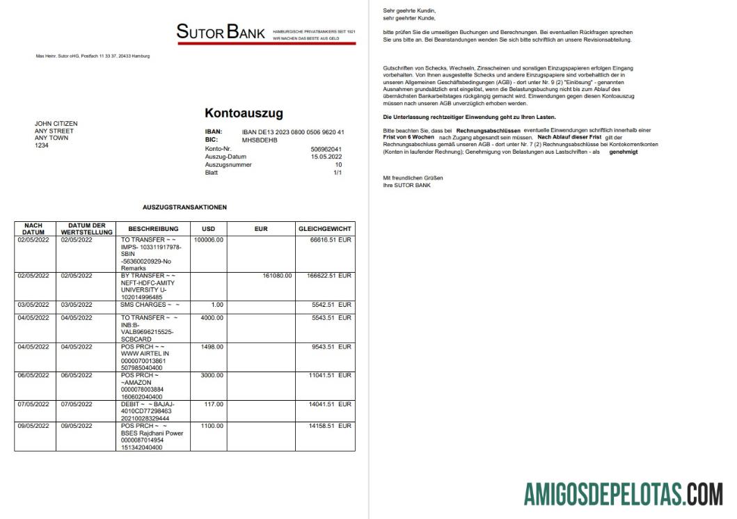 Germany Sutor Bank Statement On Deutsch, 2 Pages amostra
